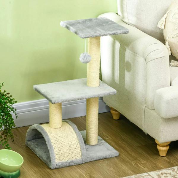 Light grey cat tree with three levels, plush pads, and hanging ball