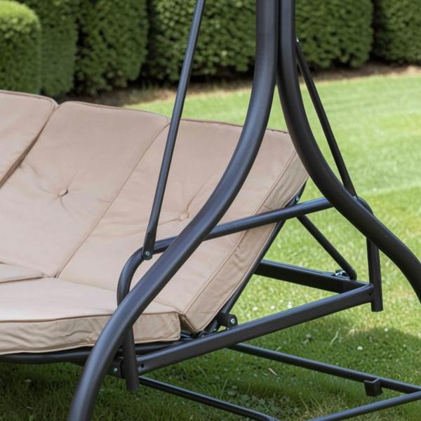 Heavy Duty Garden 3 Seater Swing Seat and Hammock Bed with Canopy, Steel Frame and Textaline Base, Thick Shower Proof Cushions