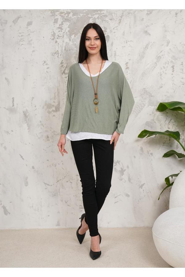 Hoxton Gal Oversized Long Sleeves Double Layered Top in Green