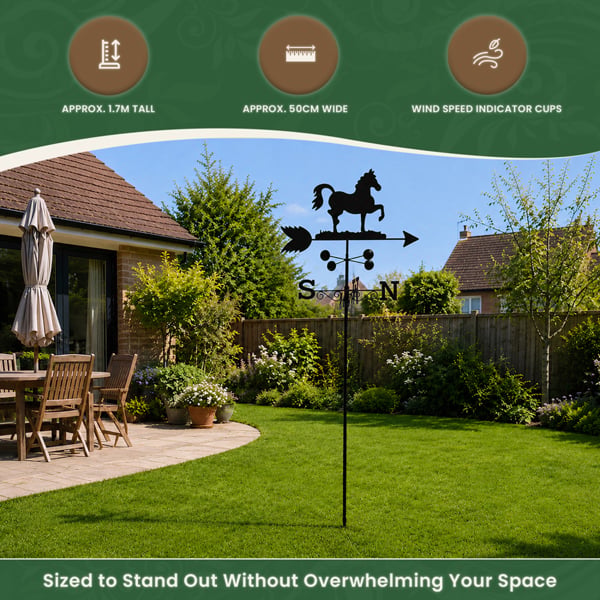 Horse Steel Weathervane, Black Painted All-Steel Weather Vane With Wall Fixings and 1.7m Ground Spike, Wind Speed Cups