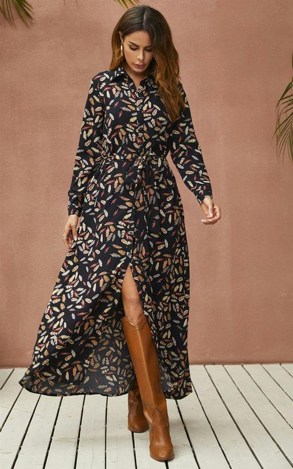 FS Collection Leaf Print Black Shirt Dress With Tie Waist + Free Gold Stretch Leaf Belt
