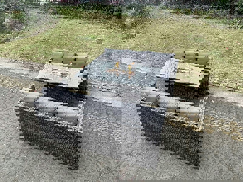 Fimous 6 Seater Outdoor PE Rattan Garden Furniture Gas Fire Pit Dining Table Set Lounge Sofa Three Seater Sofa Dark Grey Mixed Patio