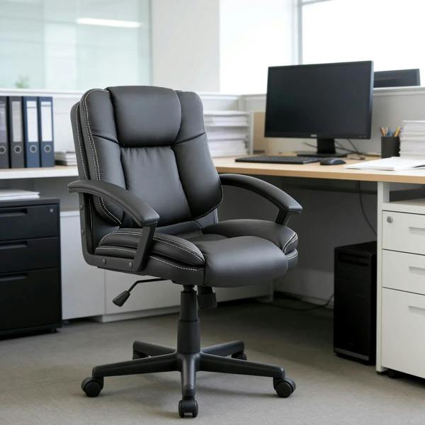 Black PU leather office desk chair with cushioned backrest, armrests, and caster wheels