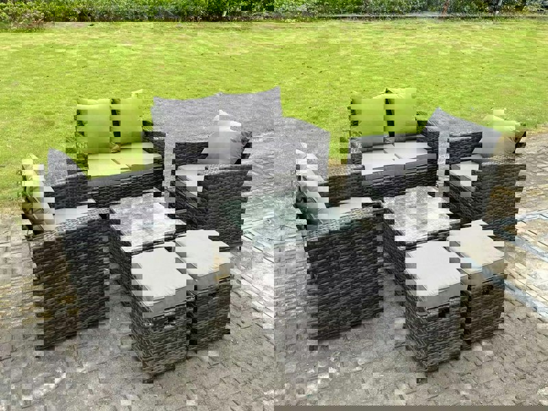 Fimous 6 Seater Dark Grey Mixed High Back Rattan Sofa Set Square Coffee Table Garden Furniture Outdoor 2 Stools