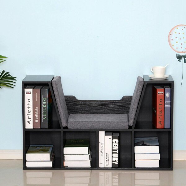 Wyld Haus Yofilo Wood And Fabric Black Cube Bookcase With Built In Reading Seat
