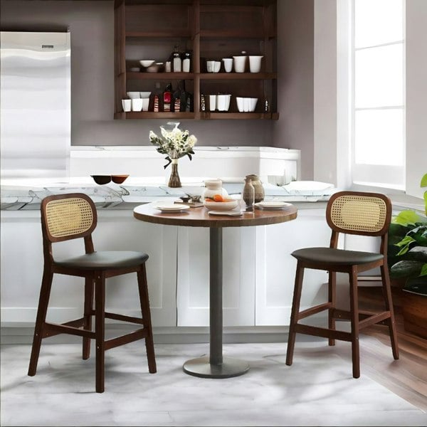 Rafaelo Mobilia Set Of 2 Faux Leather Bar Stools With Rattan Back and Wooden Legs Brown