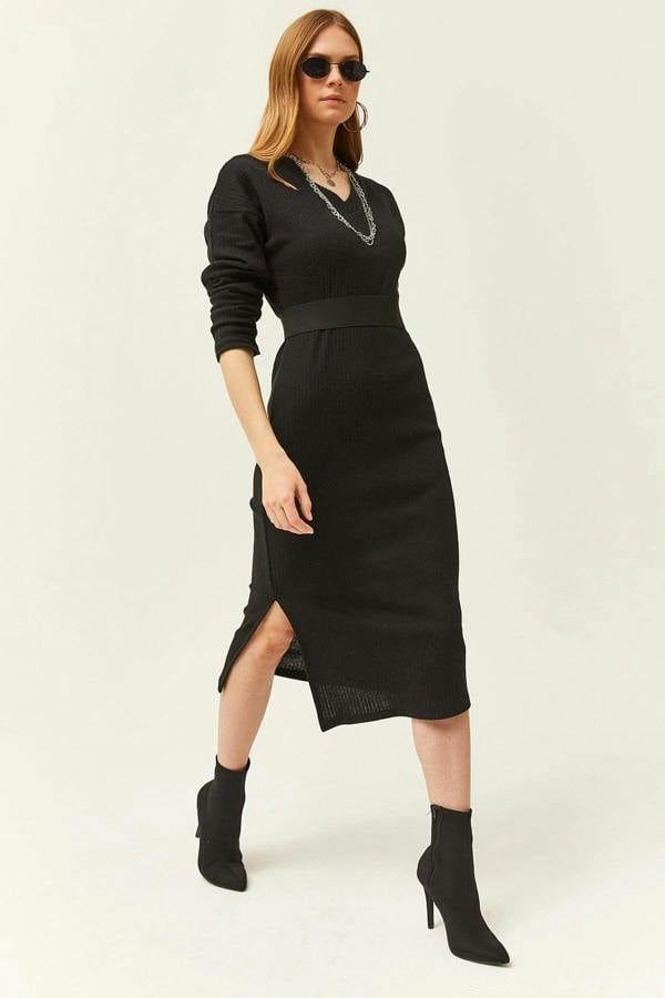 Hoxton Gal V-Neck Thick Ribbed Dress with Side Slit