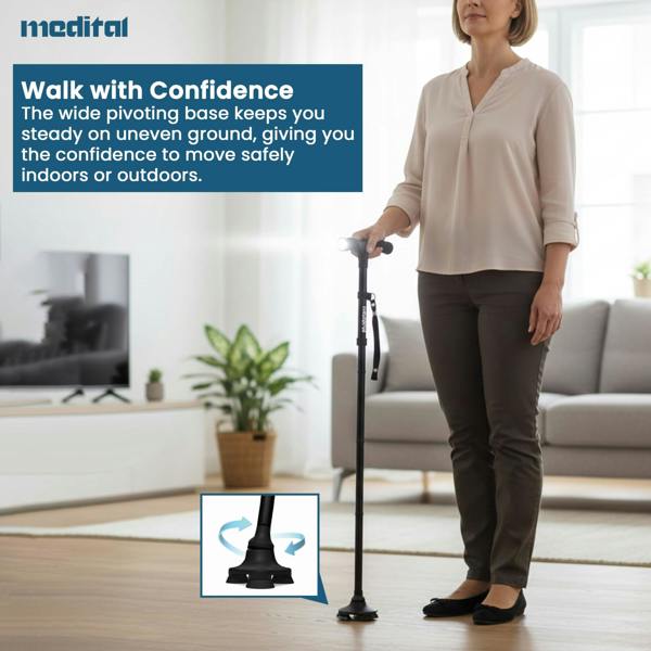 MEDITAL Folding Walking Stick with LED Light 84.5 - 94.5cm Adjustable Walking Cane - Foldable Walking Stick with Extra Wide Pivoting Base