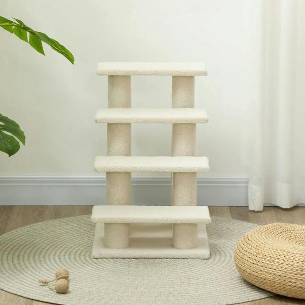 Cream 4-step pet stairs with four cushioned platforms and vertical support posts