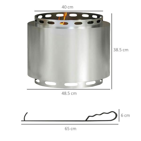 Silver stainless steel fire pit with vented rim and circular base, with size indicators