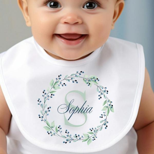 Personalised Blue & Green Floral Baby Grow, Vest or Bib with Name
