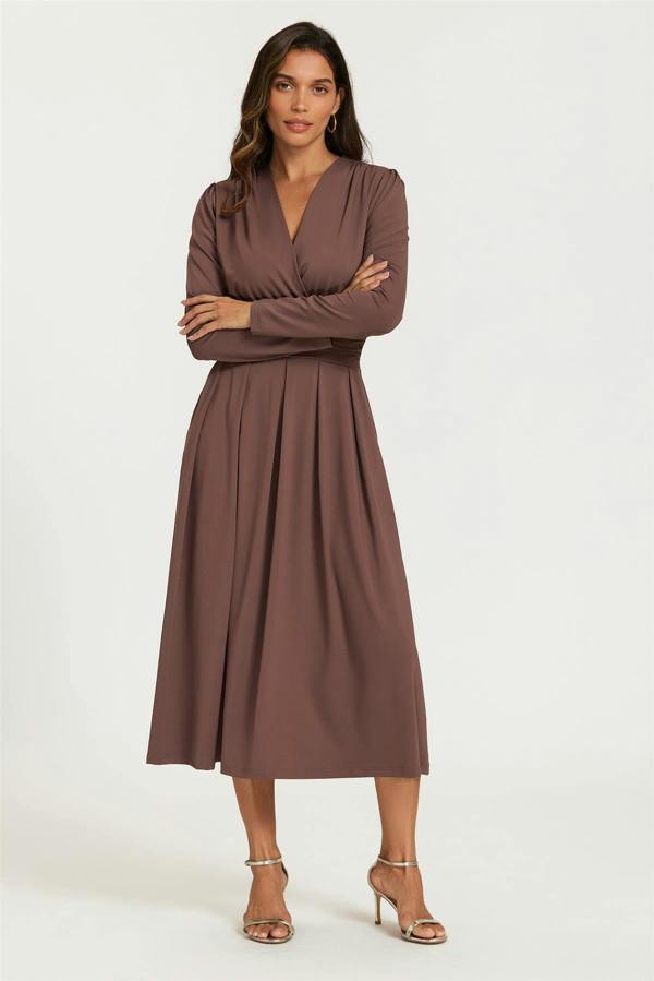 FS Collection Jersey Long Sleeve Midi Dress In Brown