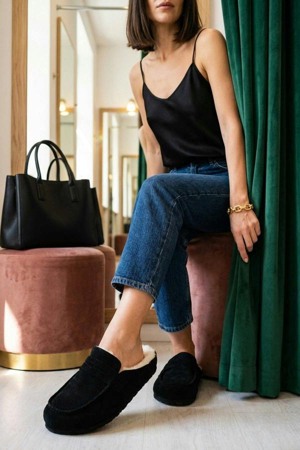 Nuala Faux Suede Fur Lined Mules - Black