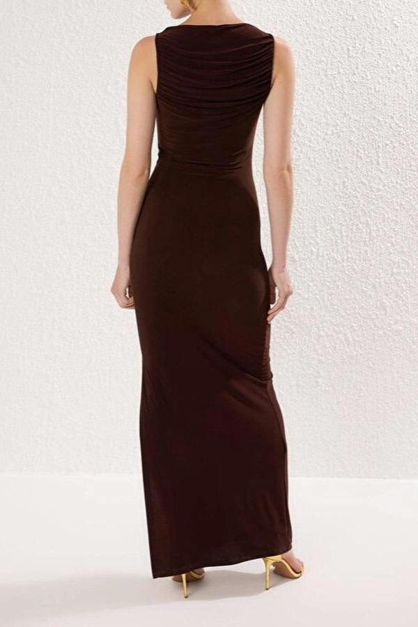 WOVCOR Elegant Long Knitted Evening Dress with Gathered Neckline Detail