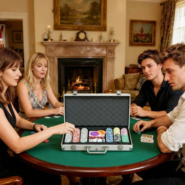 People seated at poker table with open silver case and multicolor chips on display