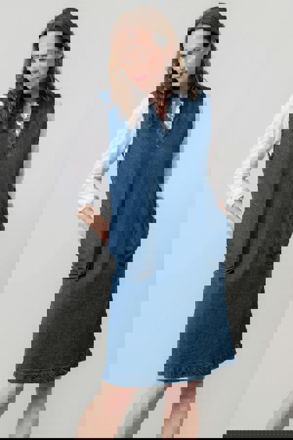 Belle Knee Length Denim Pinafore Dress Blue | Lily and Me Clothing