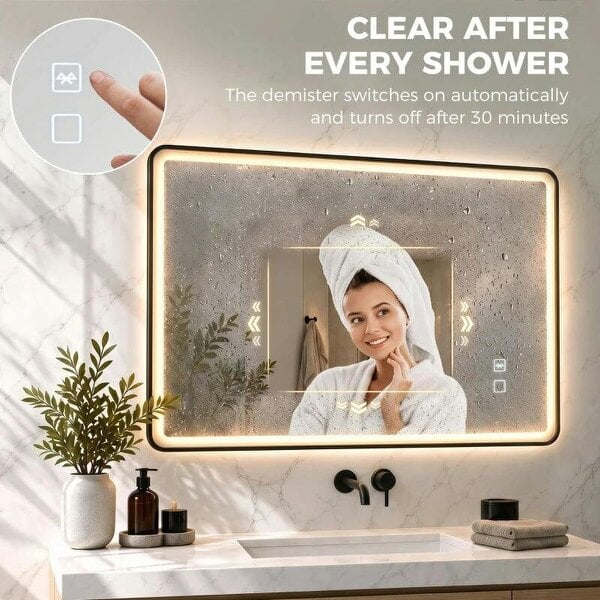 Bathroom Mirror with LED Lights, 100x70cm Rectangle Bathroom Mirror, Dimmable, Bluetooth, Anti-Fog, Black
