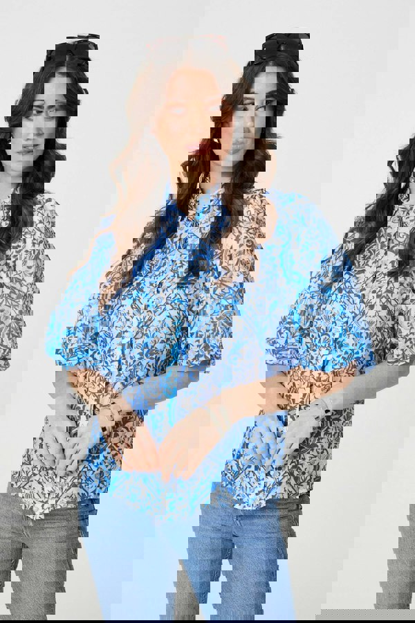 Blue | Paisley Print Puff 1/2 Sleeve Shirt