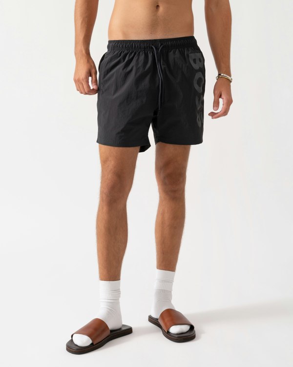 BOSS Orange Octopus Mens Contrast Logo Swim Shorts in Quick-Drying Fabric - Dark Grey 022 - CHO - Designer Mens Shorts