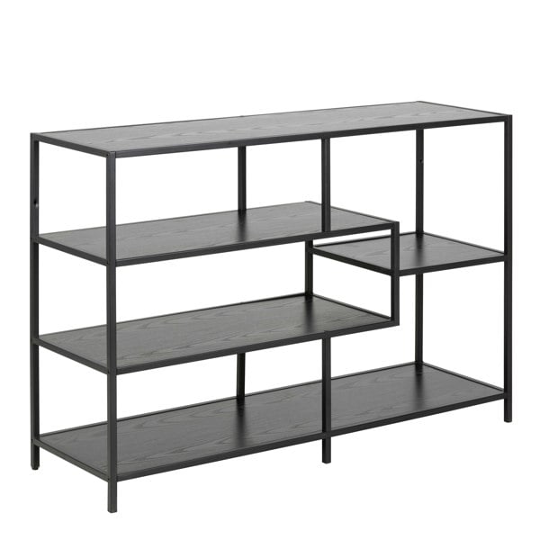Furniture To Go Seaford Wide Black Metal Bookcase with 4 Black Oak Shelves