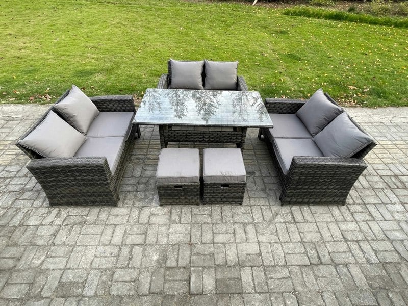 Fimous Wicker PE Rattan Garden Furniture Sets Outdoor Lounge Sofa Set with Oblong Dining Table Double Seat Sofa 2 Small Footstools Dark Grey Mixed