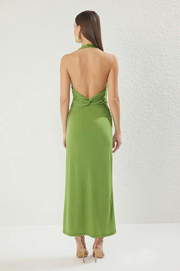 WOVCOR Draped Midi Dress with Twist Detail Stretchy Knit