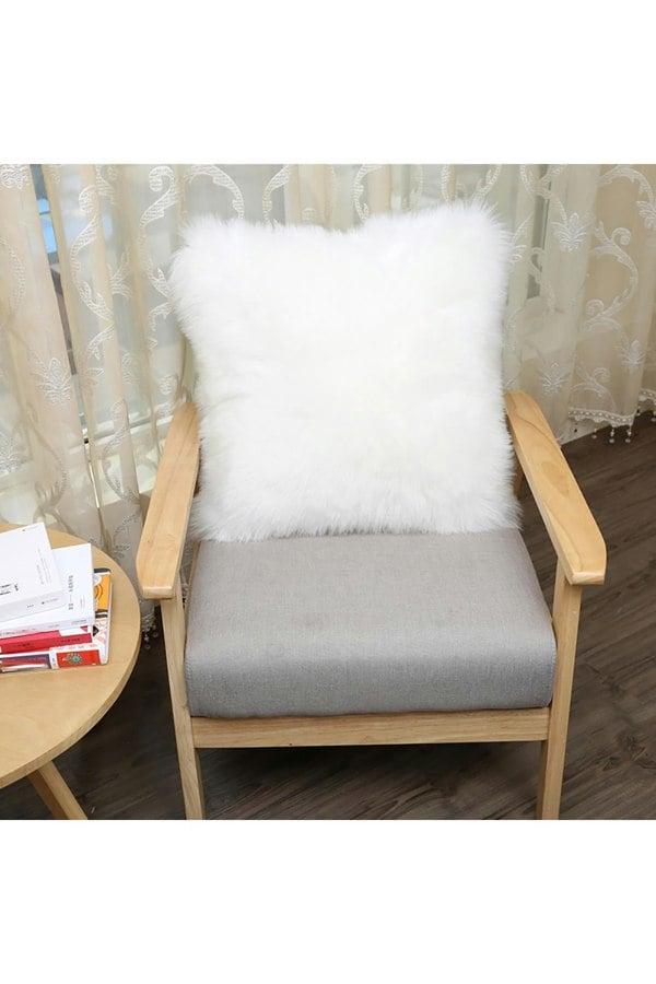 Living and Home 45*45cm Fluffy Faux Wool White Cushion Cover