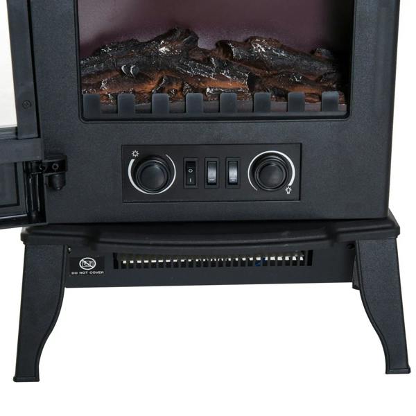 Black electric stove fireplace control knobs with LED log flame window.