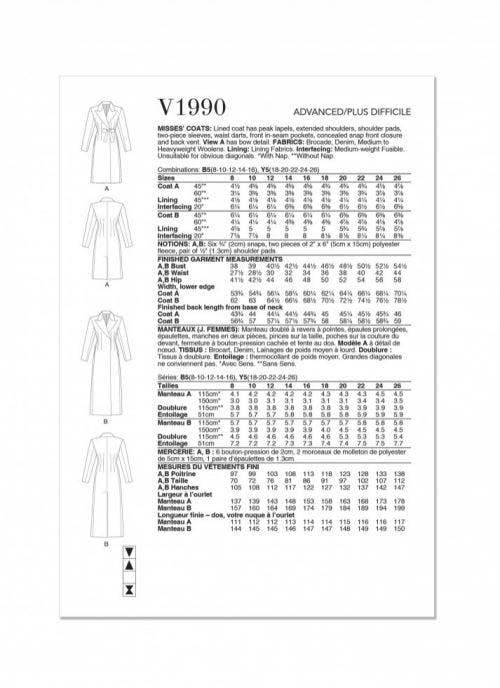 Vogue Sewing Pattern 1990, Coats for Women, B5 (8-10-12-14-16) - Advanced
