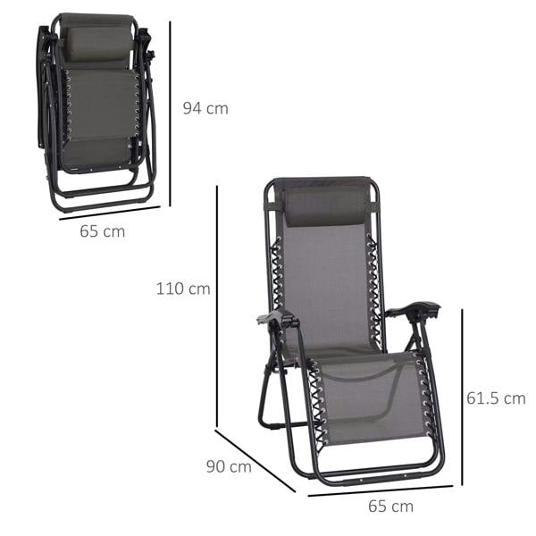 Grey reclining lounge chair with headrest and black metal frame, with size diagram