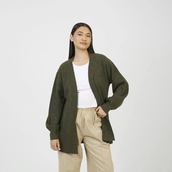 Brave Soul Khaki Fisherman Knit Dropped Shoulder Cardigan - Khaki Image 1