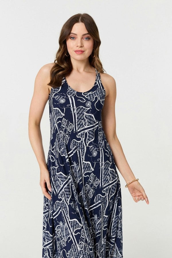 Navy | Abstract Sleeveless Swing Maxi Dress
