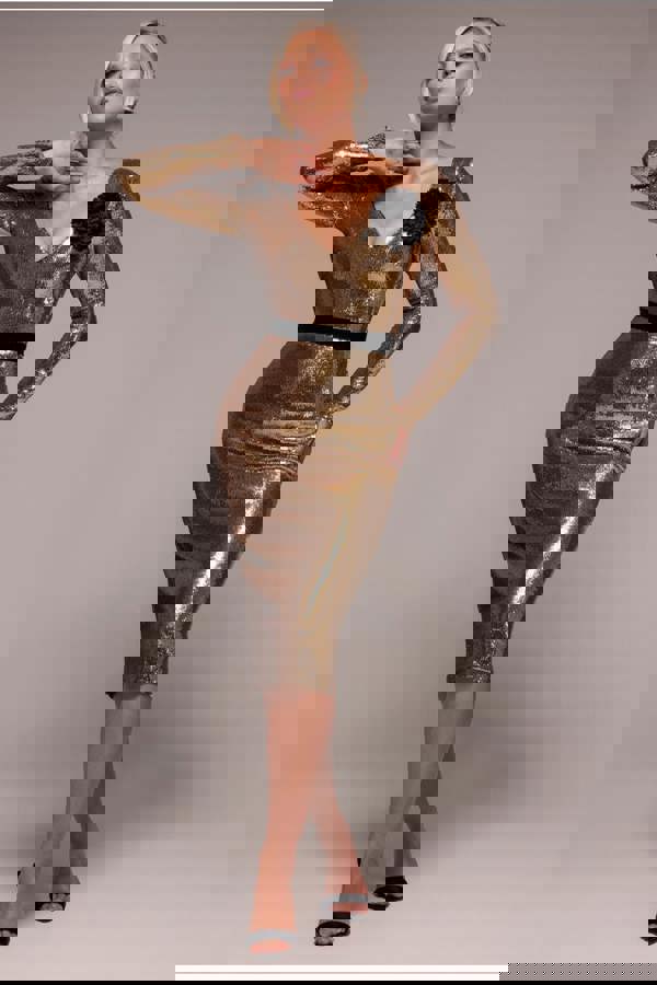 Liquid Sequin Midi With Corsage - Gold DR4072