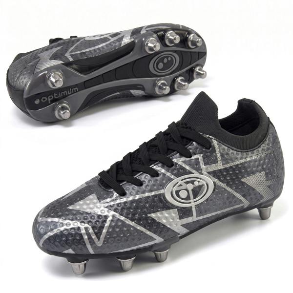 Black Optimum Aztec rugby boot, top-down and side views showing screw-in metal studs and lace-up - Optimum