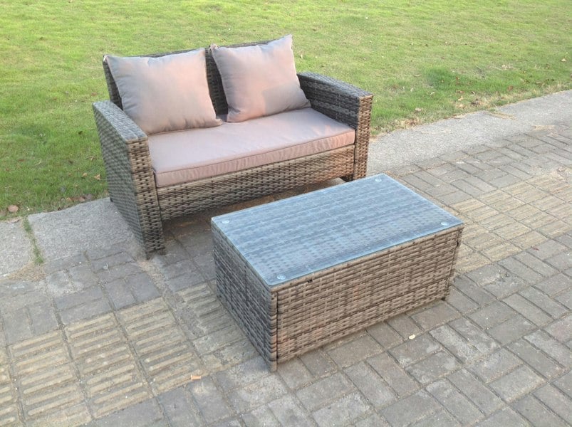 Fimous Dark Mixed Grey High Back Rattan Garden Furniture 2 Seater Love Seat Sofa With Oblong Coffee Table