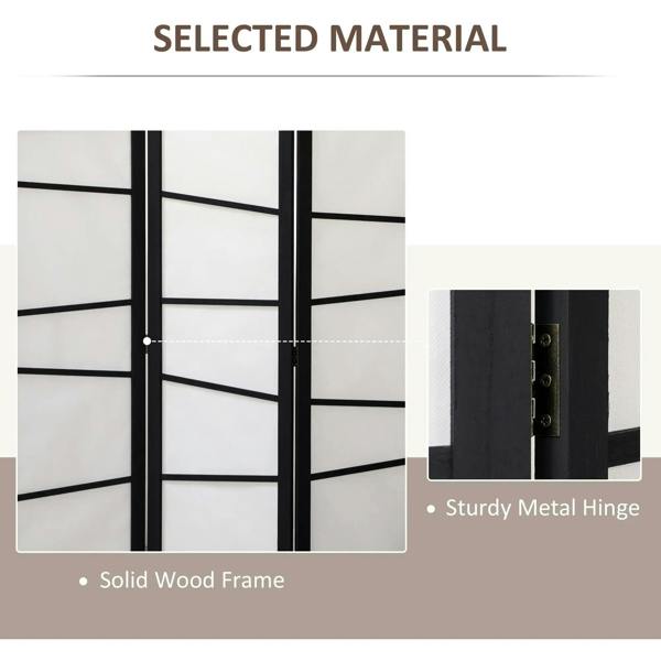 Solid wooden frame divider with white panels; inset shows sturdy metal hinge