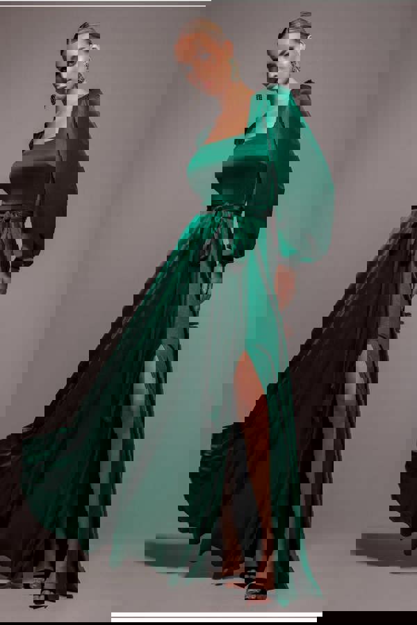 Satin Square Neck Bishop Sleeve A Line Maxi Dress - Emerald Green DR4919BR