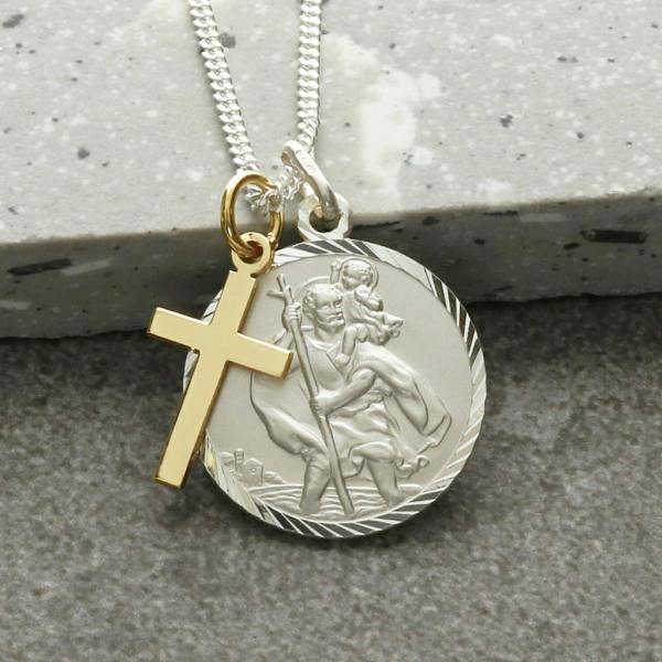 Christopher James of London Sterling Silver Diamond Cut 20mm St Christopher & 9ct Yellow Gold Cross Pendant With Optional Engraving and Chain