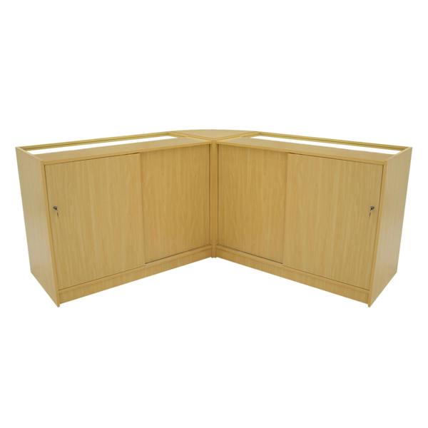 Maple Iris LED shop counter set featuring a corner design with two spacious cabinets and a smooth, light wood finish