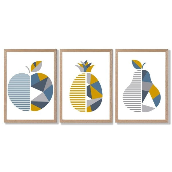 Artze Wall Art Set of 3 Blue & Yellow Geometric Fruit Framed Prints