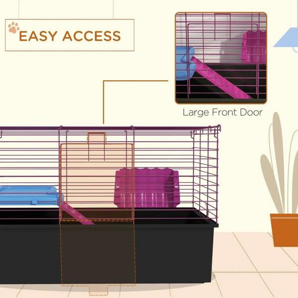 Small animal cage with large front door opening, purple frame, blue ramp and platform