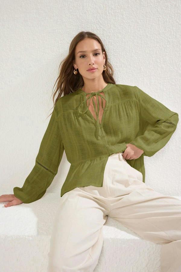 Hoxton Gal Cotton-Textured Regular Fit Woven Shirt with Lace Sleeve Detail