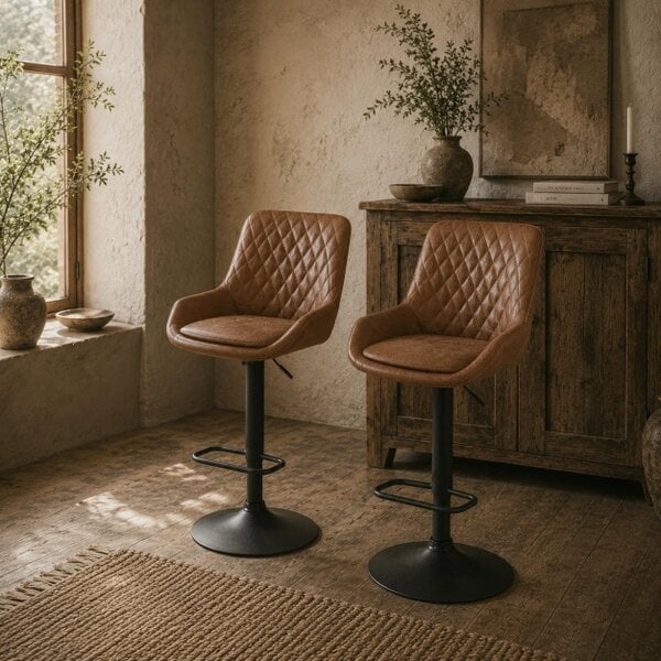 Wyld Haus Elel Sake Set Of 2 Tan Faux Leather Retro Style Bar Stools