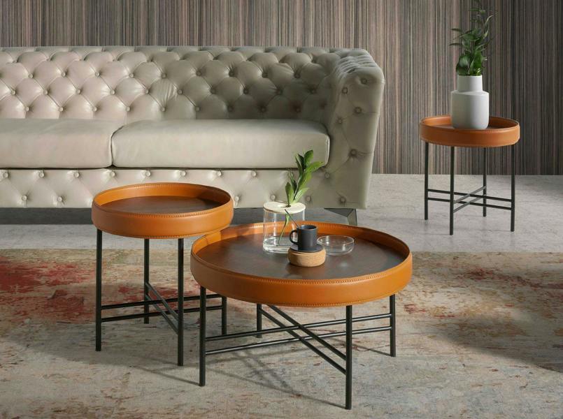 Angel Cerdá Round Corner Table in Eco-leather, Walnut and Black Steel 2059