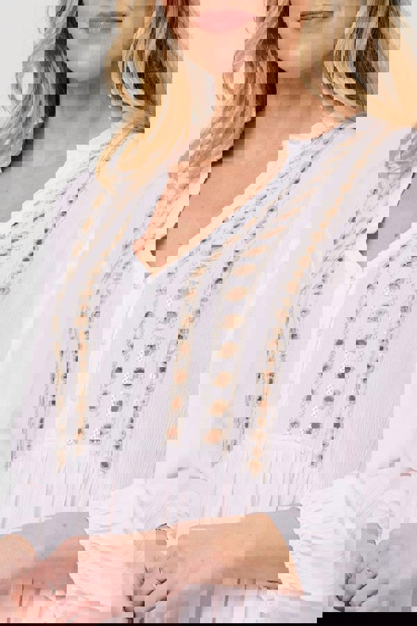 White | Embroidered V-Neck Tiered Smock Dress