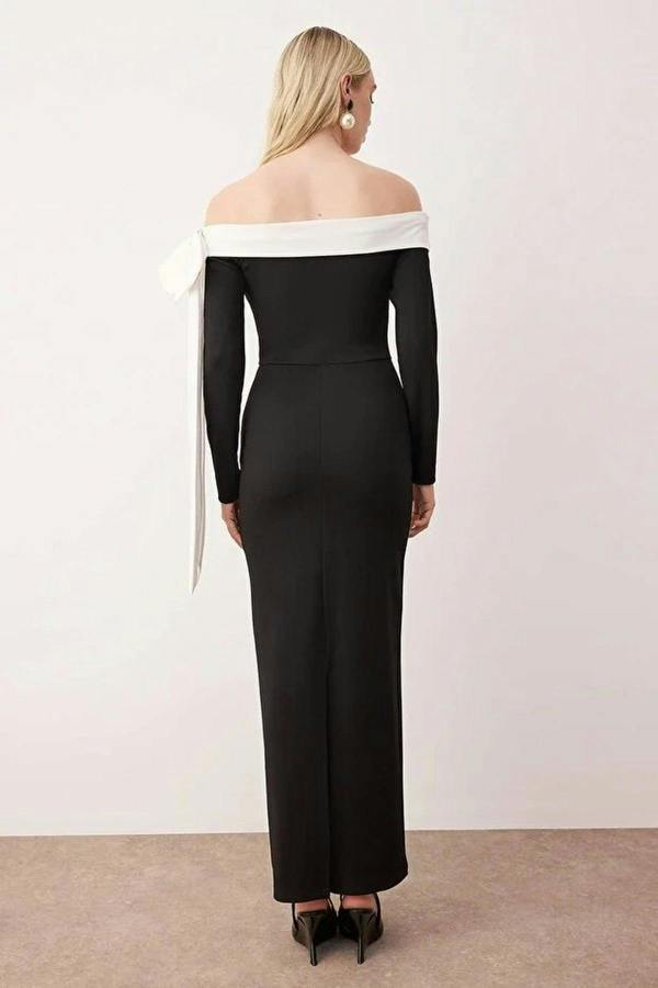 WOVCOR Color-Block Knit Crepe Maxi Unlined Evening Dress with Bow Detail