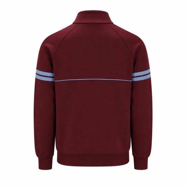 Back view of Sergio Tacchini Orion track jacket in fig with country blue horizontal chest stripes and a high collar.