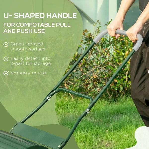 Green metal garden lawn roller with U-shaped handle for comfortable push