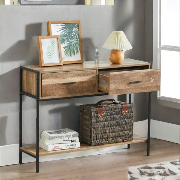 Rafaelo Mobilia Industrial Console Table With 2 Drawers & Storage Shelf