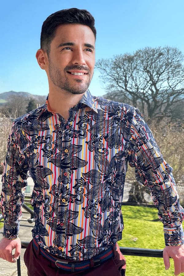 STRIPE FLOCKING FLORAL SHIRT WITH LUXURY TEXTURED FINISH - Claudio Lugli Shirts